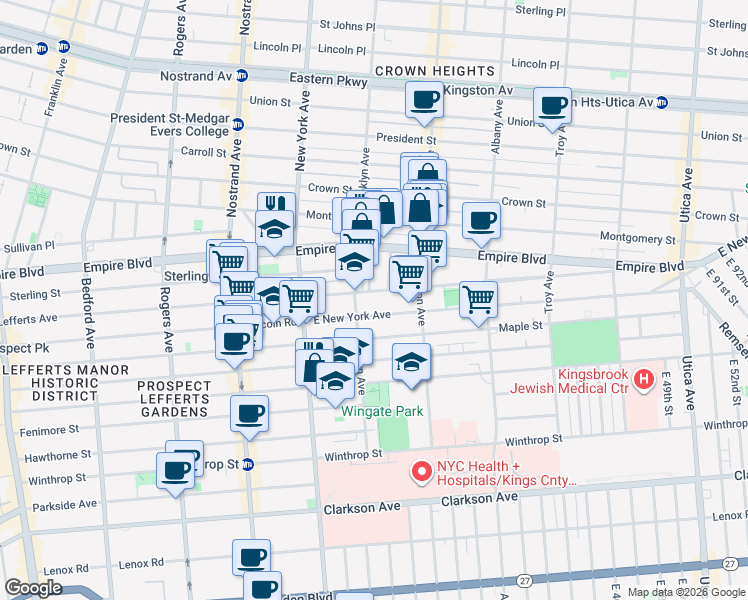 map of restaurants, bars, coffee shops, grocery stores, and more near 519 Brooklyn Avenue in Brooklyn