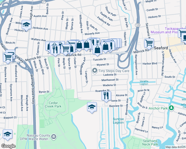 map of restaurants, bars, coffee shops, grocery stores, and more near 3531 Ladonia Street in Seaford