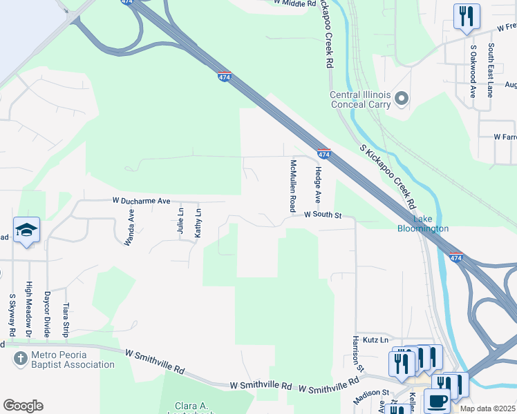 map of restaurants, bars, coffee shops, grocery stores, and more near 4335-4399 West South Street in Bartonville
