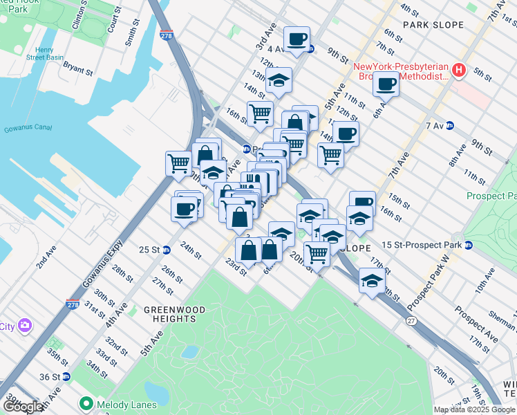 map of restaurants, bars, coffee shops, grocery stores, and more near 5th Ave & 19th St in Brooklyn