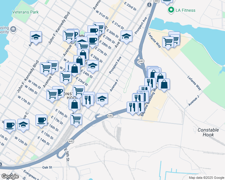 map of restaurants, bars, coffee shops, grocery stores, and more near 170 Avenue F in Bayonne