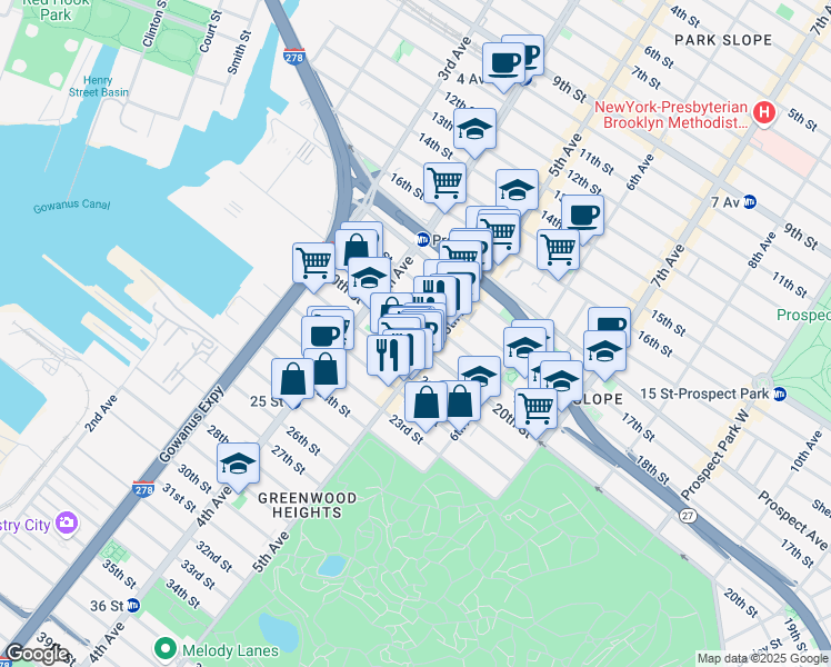 map of restaurants, bars, coffee shops, grocery stores, and more near 696 5th Avenue in Brooklyn