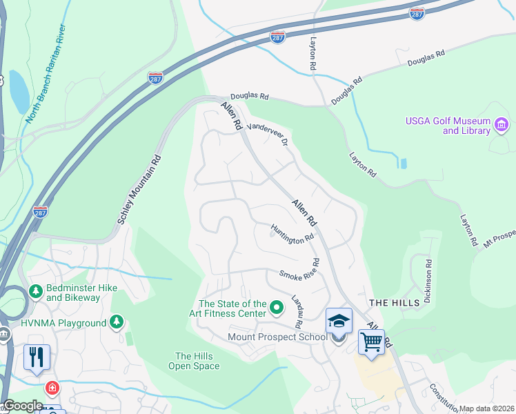 map of restaurants, bars, coffee shops, grocery stores, and more near 95 Huntington Road in Basking Ridge
