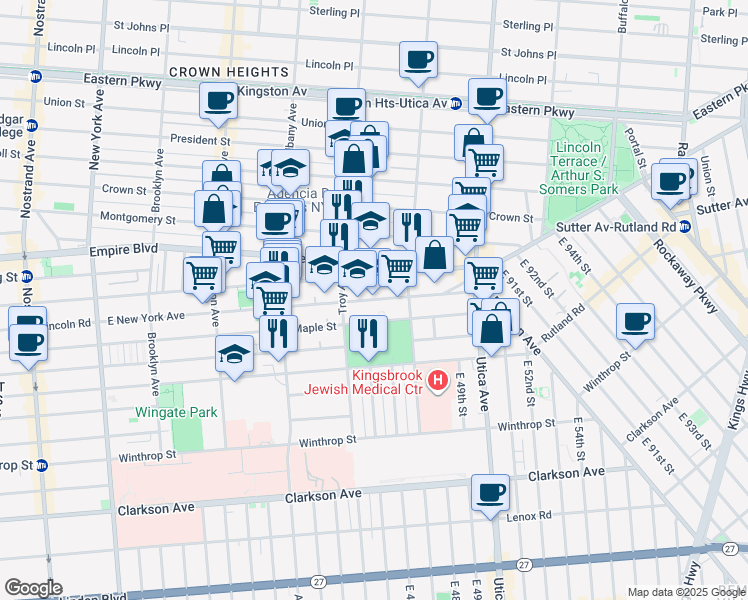 map of restaurants, bars, coffee shops, grocery stores, and more near 790 East New York Avenue in Brooklyn