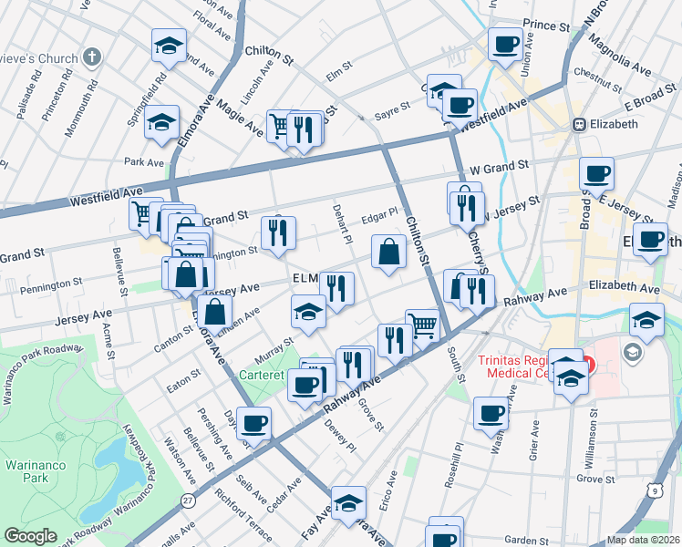 map of restaurants, bars, coffee shops, grocery stores, and more near 70-72 Dehart Place in Elizabeth