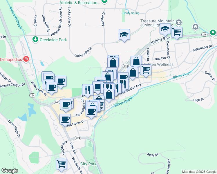 map of restaurants, bars, coffee shops, grocery stores, and more near 1685 Bonanza Drive in Park City