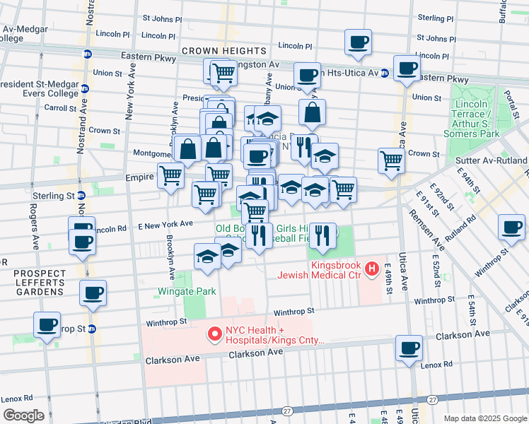 map of restaurants, bars, coffee shops, grocery stores, and more near 693 East New York Avenue in Brooklyn