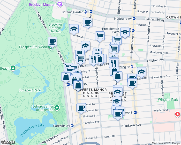 map of restaurants, bars, coffee shops, grocery stores, and more near 119 Lefferts Avenue in Brooklyn