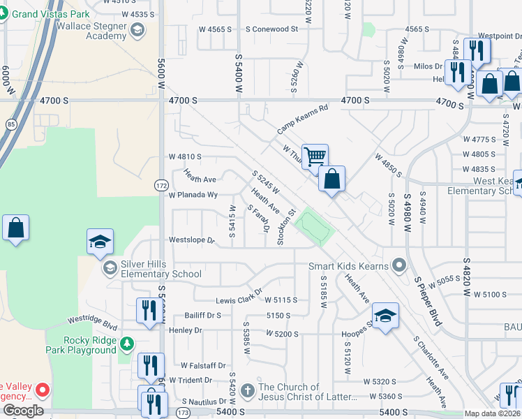 map of restaurants, bars, coffee shops, grocery stores, and more near 4917 South Farah Drive in Kearns