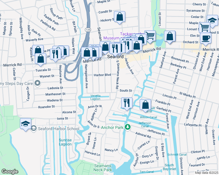 map of restaurants, bars, coffee shops, grocery stores, and more near 2403 Mattituck Avenue in Seaford