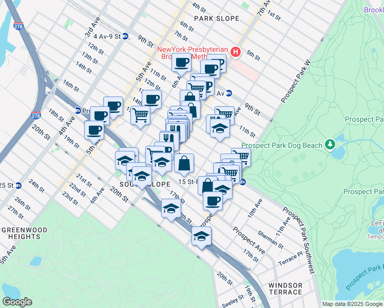 map of restaurants, bars, coffee shops, grocery stores, and more near 395 16th Street in Brooklyn
