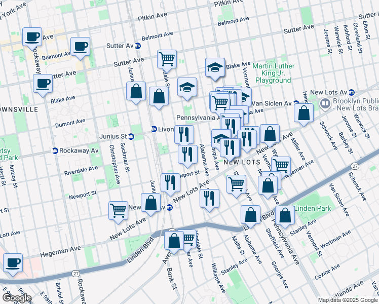 map of restaurants, bars, coffee shops, grocery stores, and more near 510 Riverdale Avenue in Brooklyn