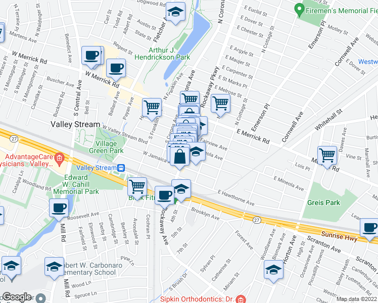 map of restaurants, bars, coffee shops, grocery stores, and more near 131 Rockaway Avenue in Valley Stream