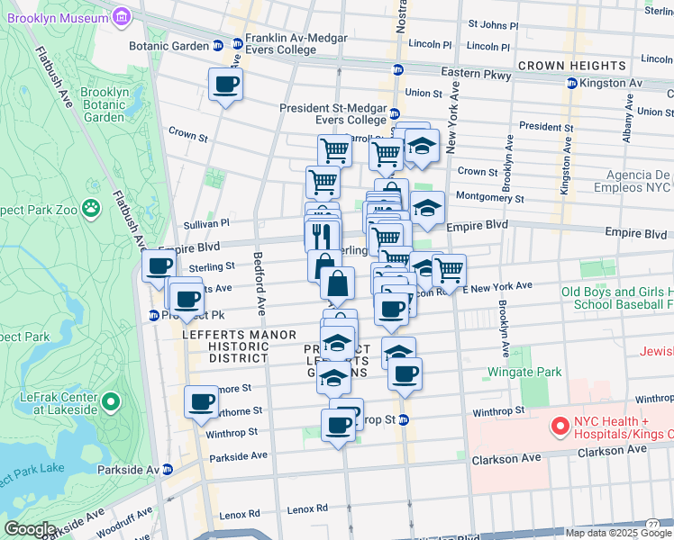 map of restaurants, bars, coffee shops, grocery stores, and more near 246 Lefferts Avenue in Brooklyn
