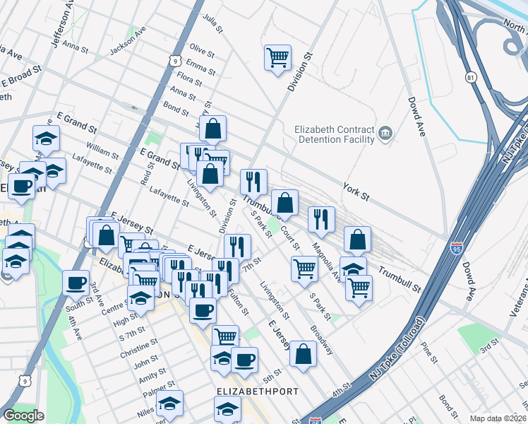 map of restaurants, bars, coffee shops, grocery stores, and more near 748 Trumbull Street in Elizabeth