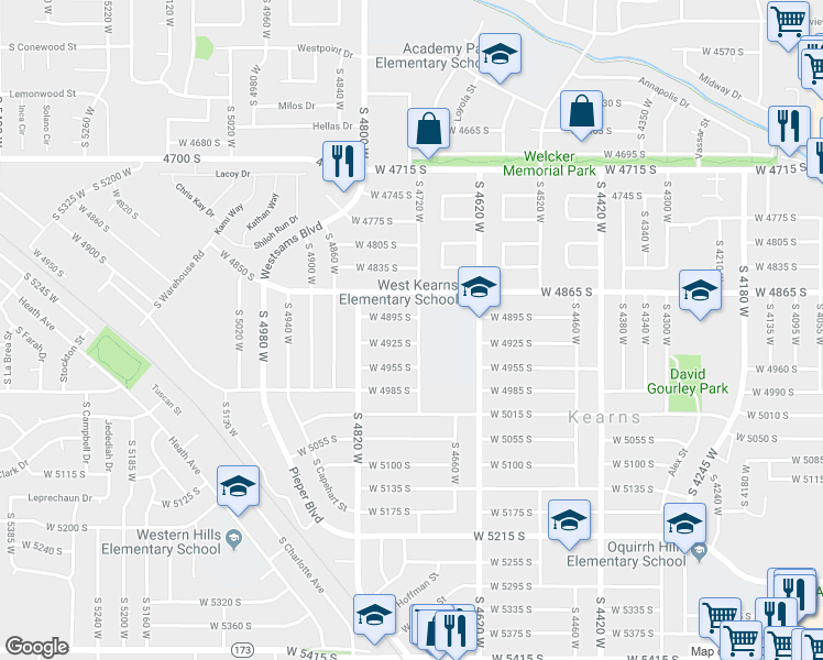 map of restaurants, bars, coffee shops, grocery stores, and more near 4731 West 4925 South in Kearns