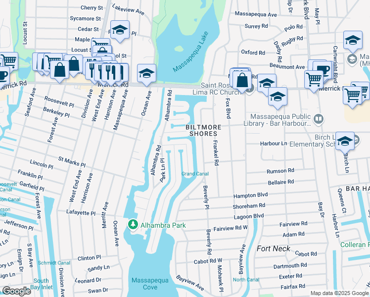 map of restaurants, bars, coffee shops, grocery stores, and more near 129 Beach Road in Massapequa