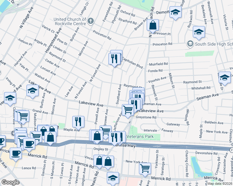map of restaurants, bars, coffee shops, grocery stores, and more near 26 Southard Avenue in Rockville Centre