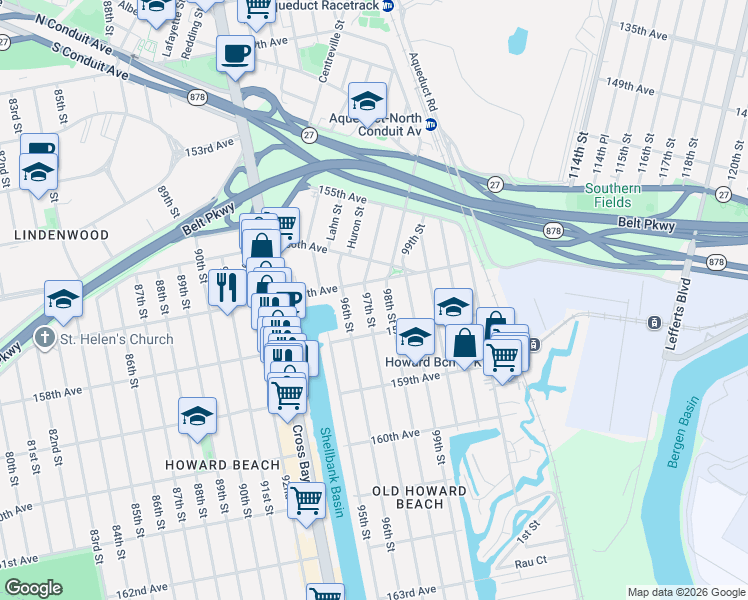 map of restaurants, bars, coffee shops, grocery stores, and more near 157-38 98th Street in Queens