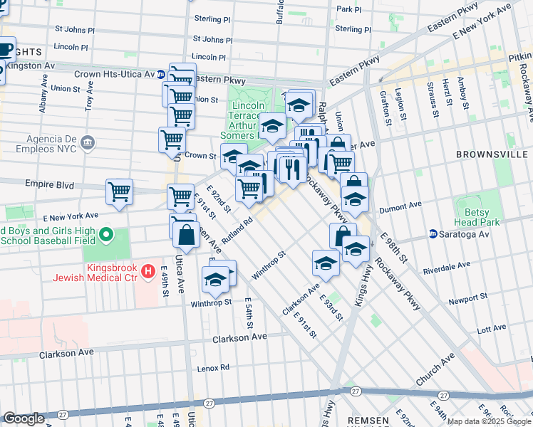 map of restaurants, bars, coffee shops, grocery stores, and more near 131 East 93rd Street in Brooklyn