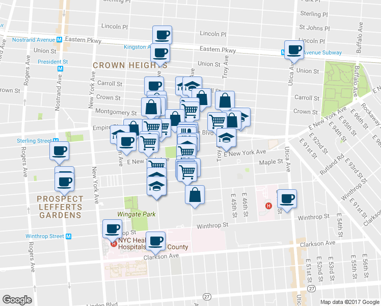 map of restaurants, bars, coffee shops, grocery stores, and more near 700 East New York Avenue in Brooklyn