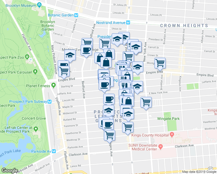 map of restaurants, bars, coffee shops, grocery stores, and more near 246 Lefferts Avenue in Brooklyn