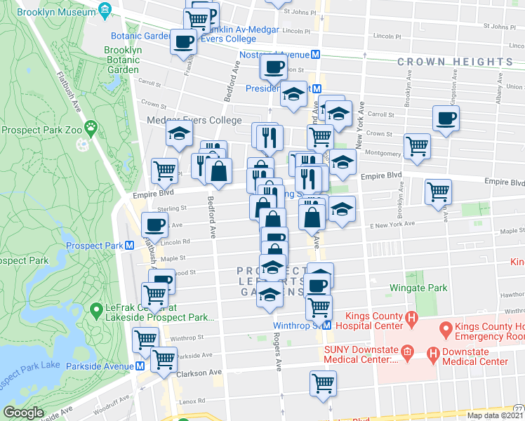 map of restaurants, bars, coffee shops, grocery stores, and more near 206 Lefferts Avenue in Brooklyn