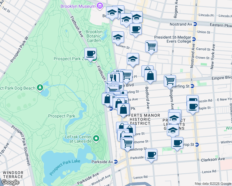 map of restaurants, bars, coffee shops, grocery stores, and more near 496 Flatbush Avenue in Brooklyn