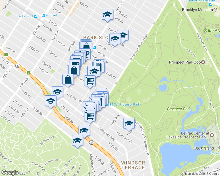 map of restaurants, bars, coffee shops, grocery stores, and more near 179 Prospect Park West in Brooklyn