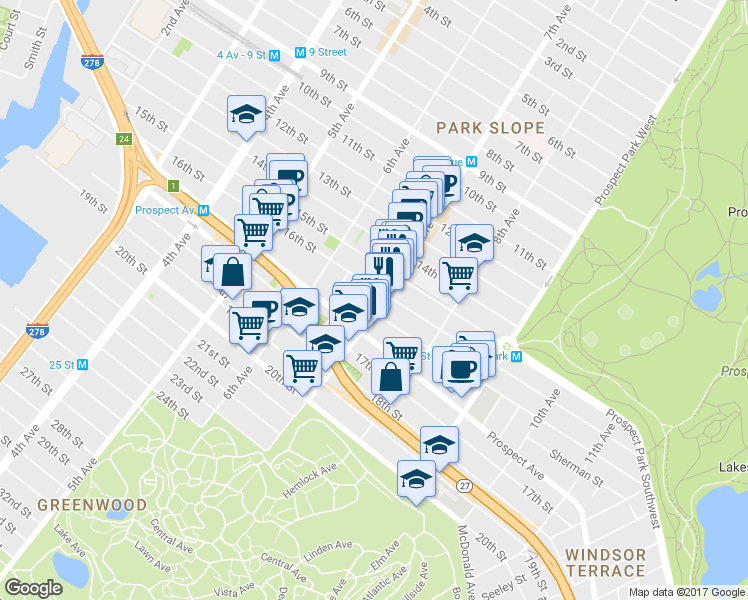 map of restaurants, bars, coffee shops, grocery stores, and more near 373 Prospect Avenue in Brooklyn