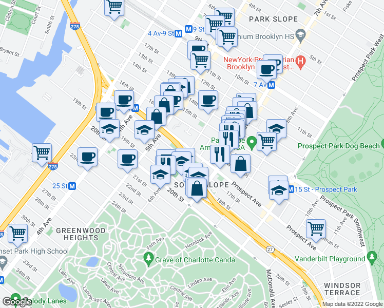 map of restaurants, bars, coffee shops, grocery stores, and more near in Brooklyn