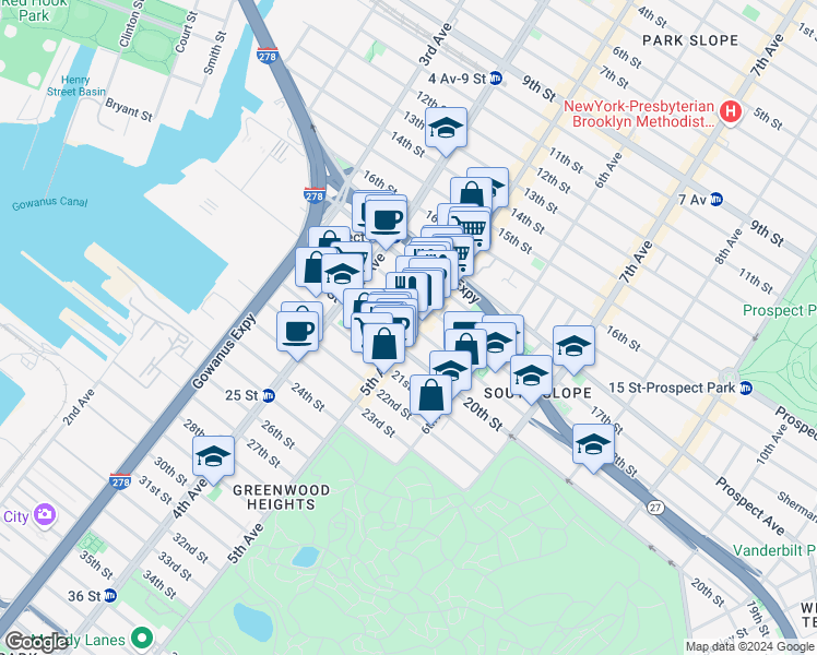 map of restaurants, bars, coffee shops, grocery stores, and more near 252 19th Street in Brooklyn