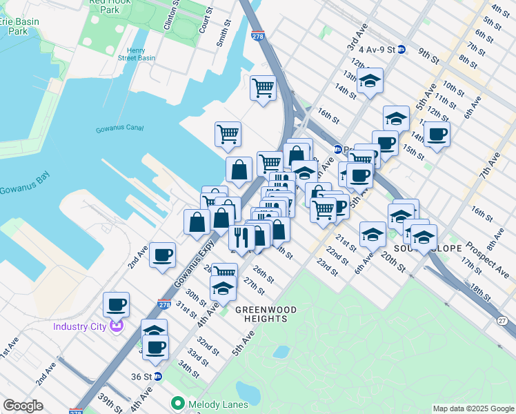 map of restaurants, bars, coffee shops, grocery stores, and more near 148 23rd Street in Brooklyn