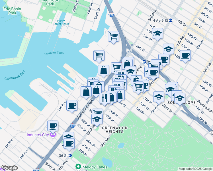 map of restaurants, bars, coffee shops, grocery stores, and more near 148 23rd Street in Brooklyn