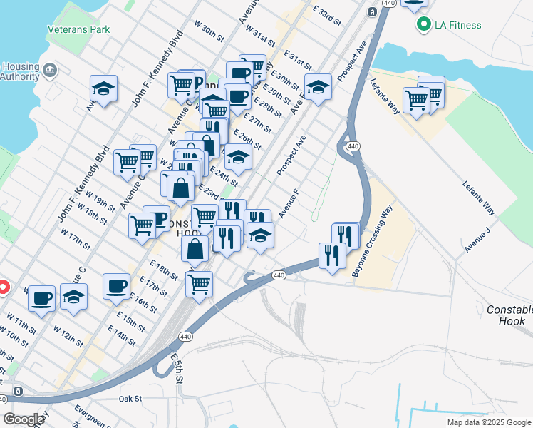 map of restaurants, bars, coffee shops, grocery stores, and more near 151 Avenue F in Bayonne