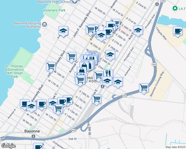 map of restaurants, bars, coffee shops, grocery stores, and more near 34 East 22nd Street in Bayonne
