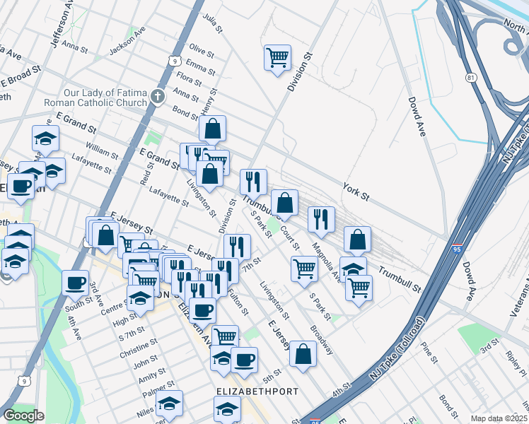 map of restaurants, bars, coffee shops, grocery stores, and more near 739 South Park Street in Elizabeth