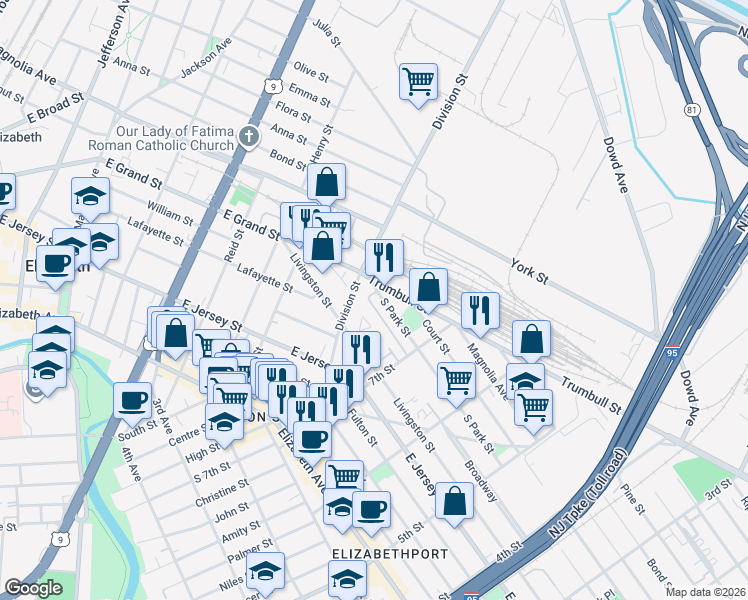 map of restaurants, bars, coffee shops, grocery stores, and more near 739 South Park Street in Elizabeth