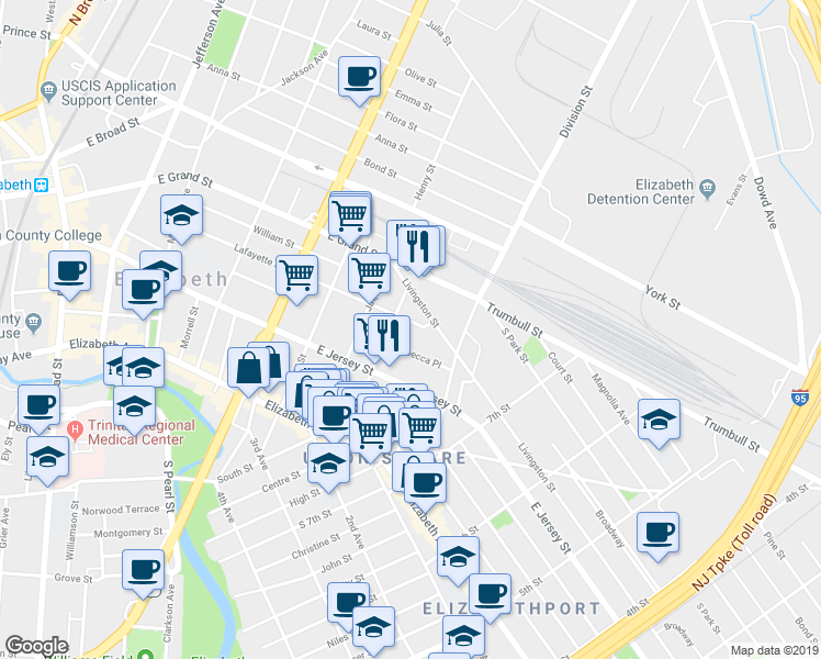 map of restaurants, bars, coffee shops, grocery stores, and more near 857 Rebecca Place in Elizabeth