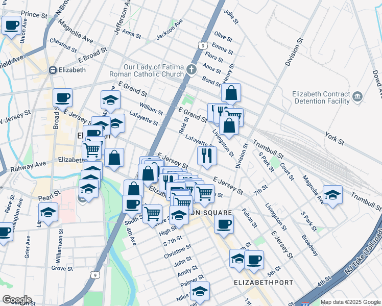 map of restaurants, bars, coffee shops, grocery stores, and more near 899 East Jersey Street in Elizabeth