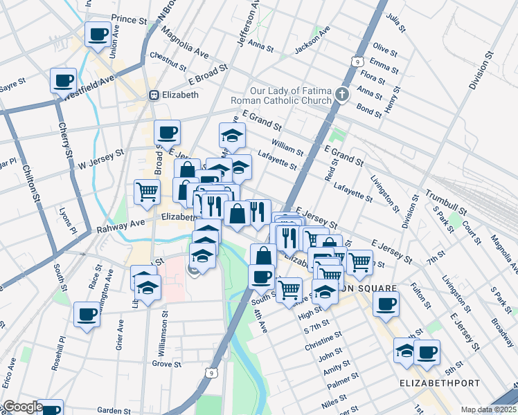 map of restaurants, bars, coffee shops, grocery stores, and more near 29 Prospect Street in Elizabeth