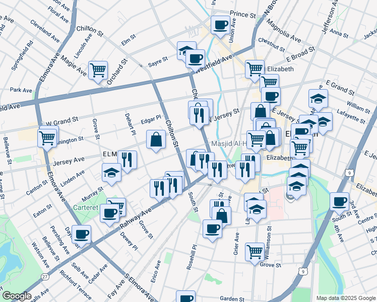map of restaurants, bars, coffee shops, grocery stores, and more near 142-144 Murray Street in Elizabeth