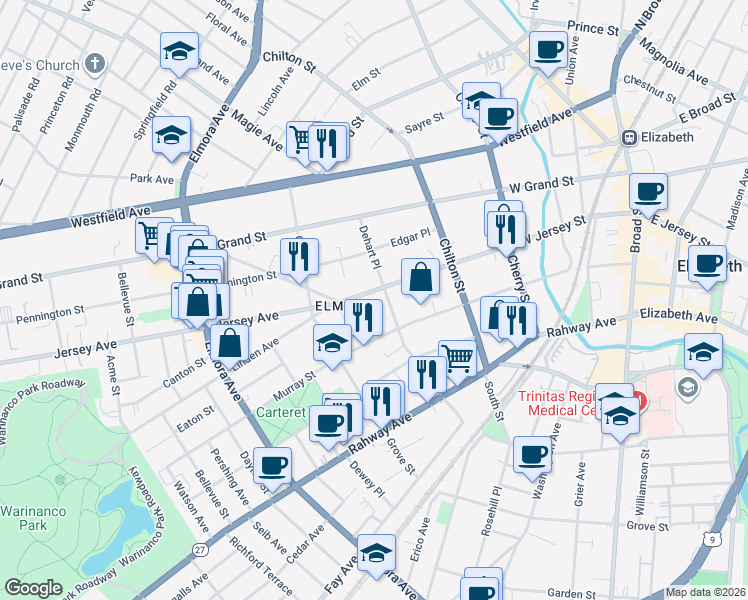 map of restaurants, bars, coffee shops, grocery stores, and more near 70-72 Dehart Place in Elizabeth