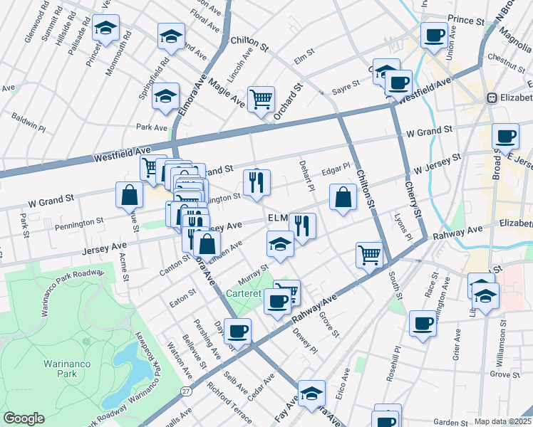 map of restaurants, bars, coffee shops, grocery stores, and more near 100 Grove Street in Elizabeth