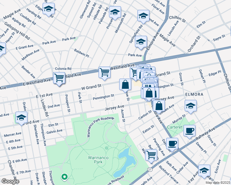 map of restaurants, bars, coffee shops, grocery stores, and more near 828 Pennington Street in Elizabeth