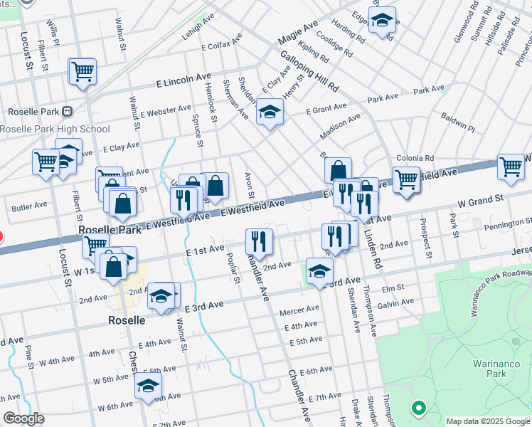 map of restaurants, bars, coffee shops, grocery stores, and more near 415 Hope Avenue in Roselle
