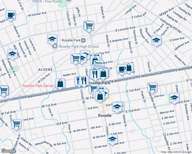 map of restaurants, bars, coffee shops, grocery stores, and more near 21 Westfield Avenue West in Roselle Park
