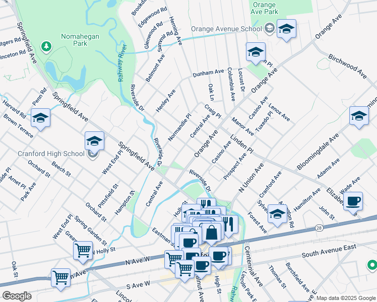 map of restaurants, bars, coffee shops, grocery stores, and more near 109 Orange Avenue in Cranford