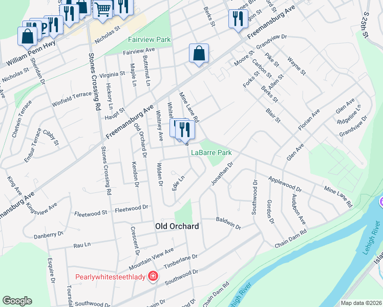 map of restaurants, bars, coffee shops, grocery stores, and more near 1402 Merion Avenue in Easton