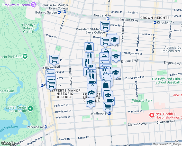 map of restaurants, bars, coffee shops, grocery stores, and more near 421 Rogers Avenue in Brooklyn